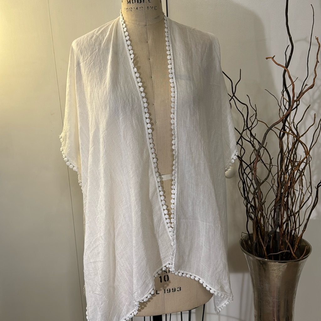 White One Size, Sheer Lace Trim Cardigan